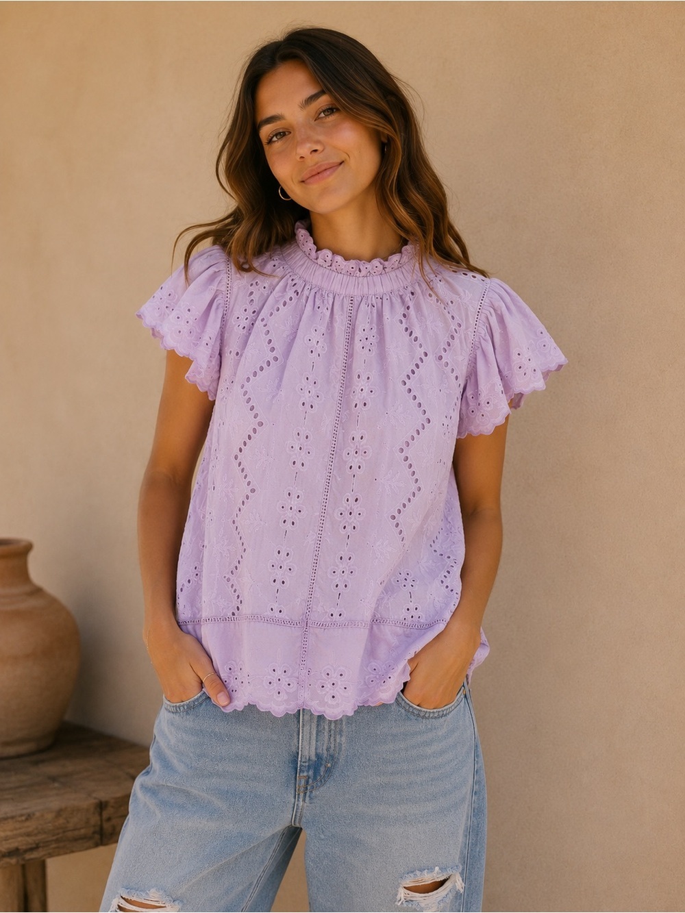 JENNIFER & GRACE | Cotton Eyelet Blouse | Lavender/Lilac Romantic Cottagecore